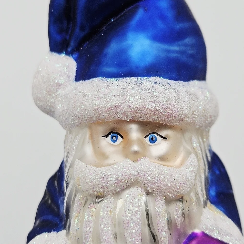 Glass Blue and White Santa Claus Glitter Details Christmas Ornament